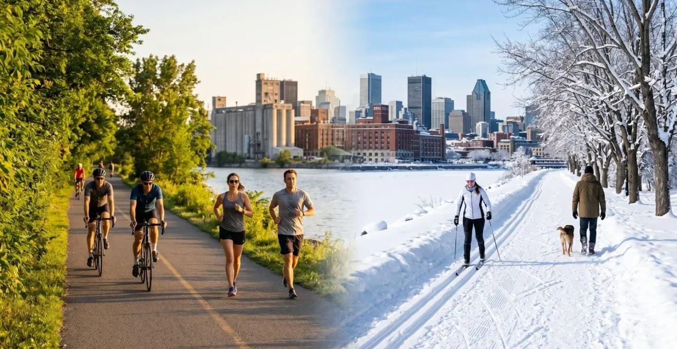 Active Montrealers exercising along Lachine Canal in different seasons