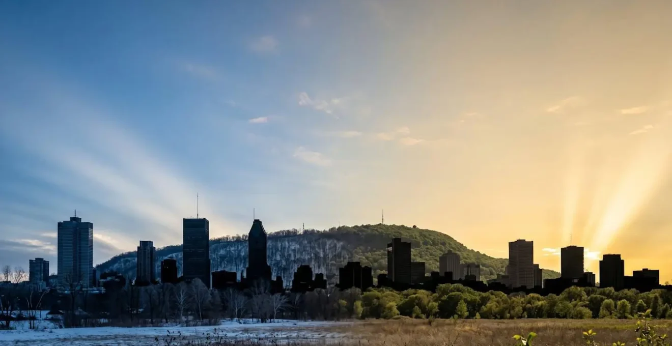 Montreal skyline showing the shallow winter sun angle versus the steep summer sun angle, affecting Vitamin D production.