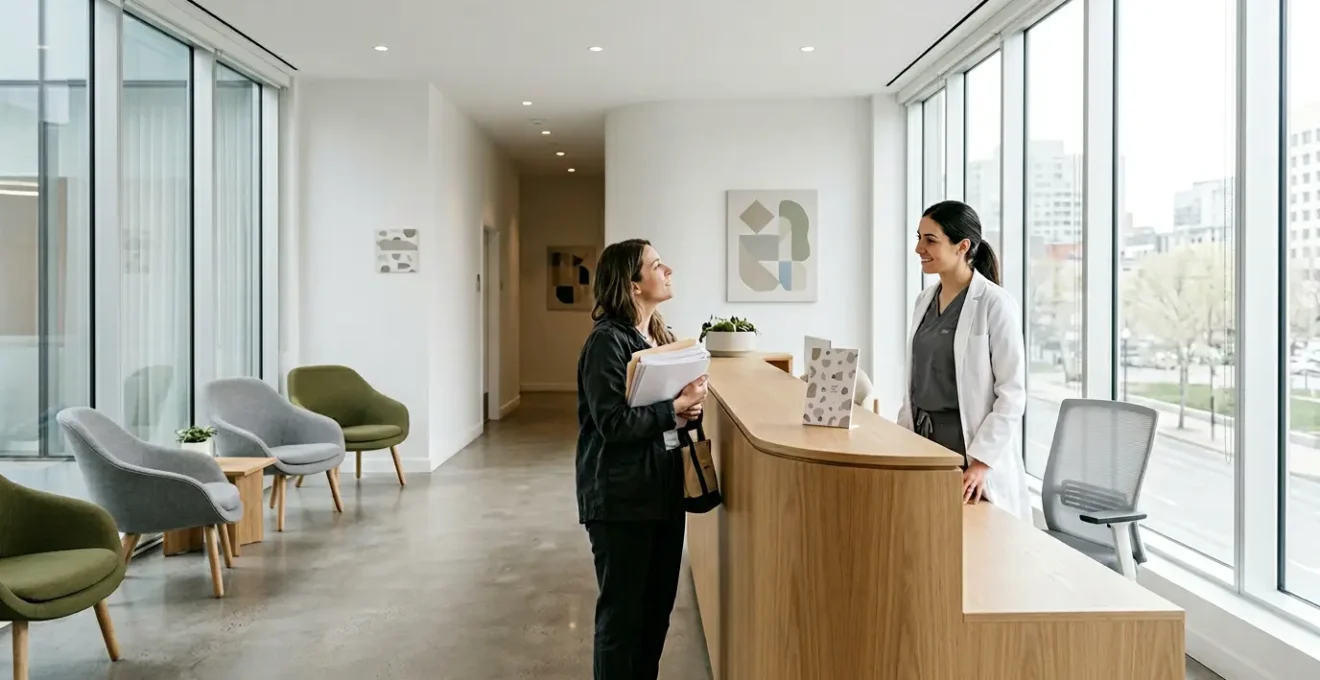 Healthcare professional welcoming patient in bright modern Montreal medical clinic reception area
