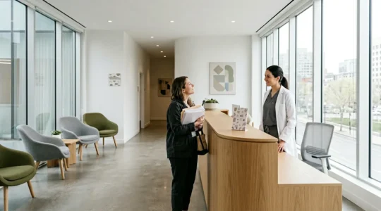 Healthcare professional welcoming patient in bright modern Montreal medical clinic reception area