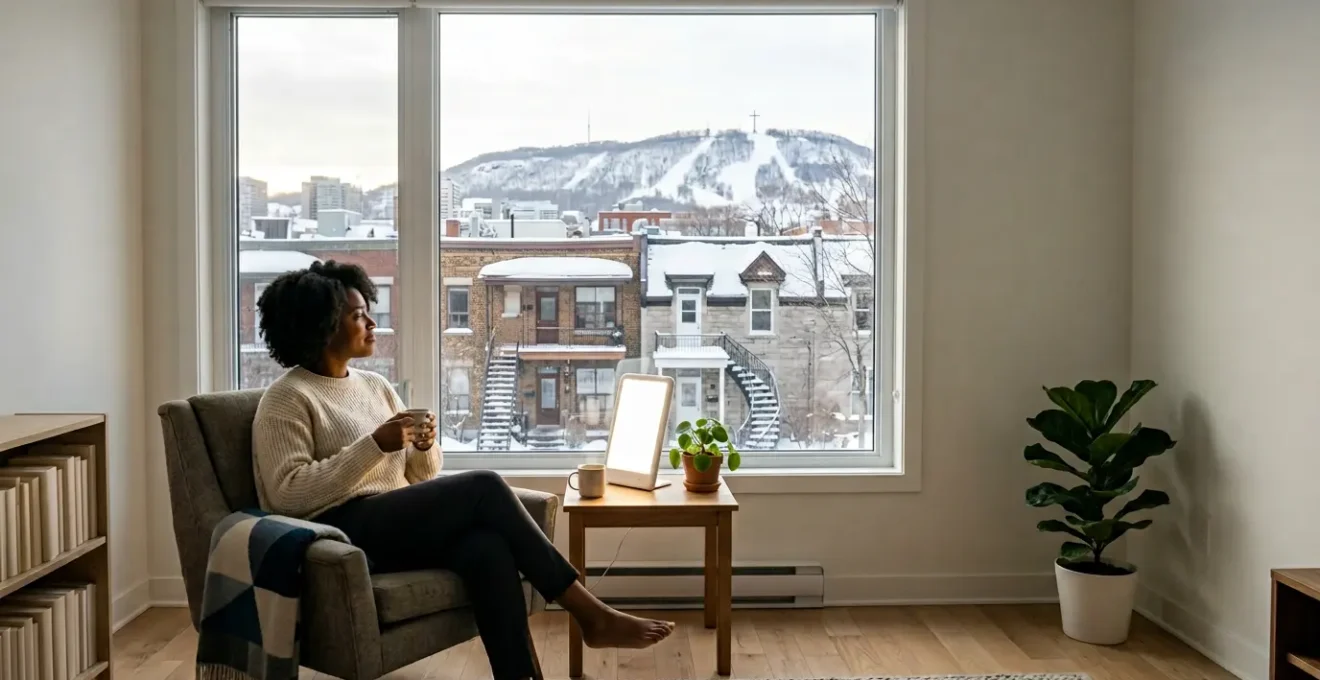 Person enjoying morning light therapy in a bright Montreal apartment with snow-covered Mount Royal visible through window