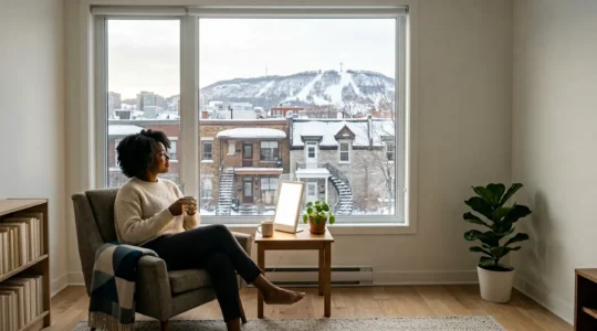 Person enjoying morning light therapy in a bright Montreal apartment with snow-covered Mount Royal visible through window