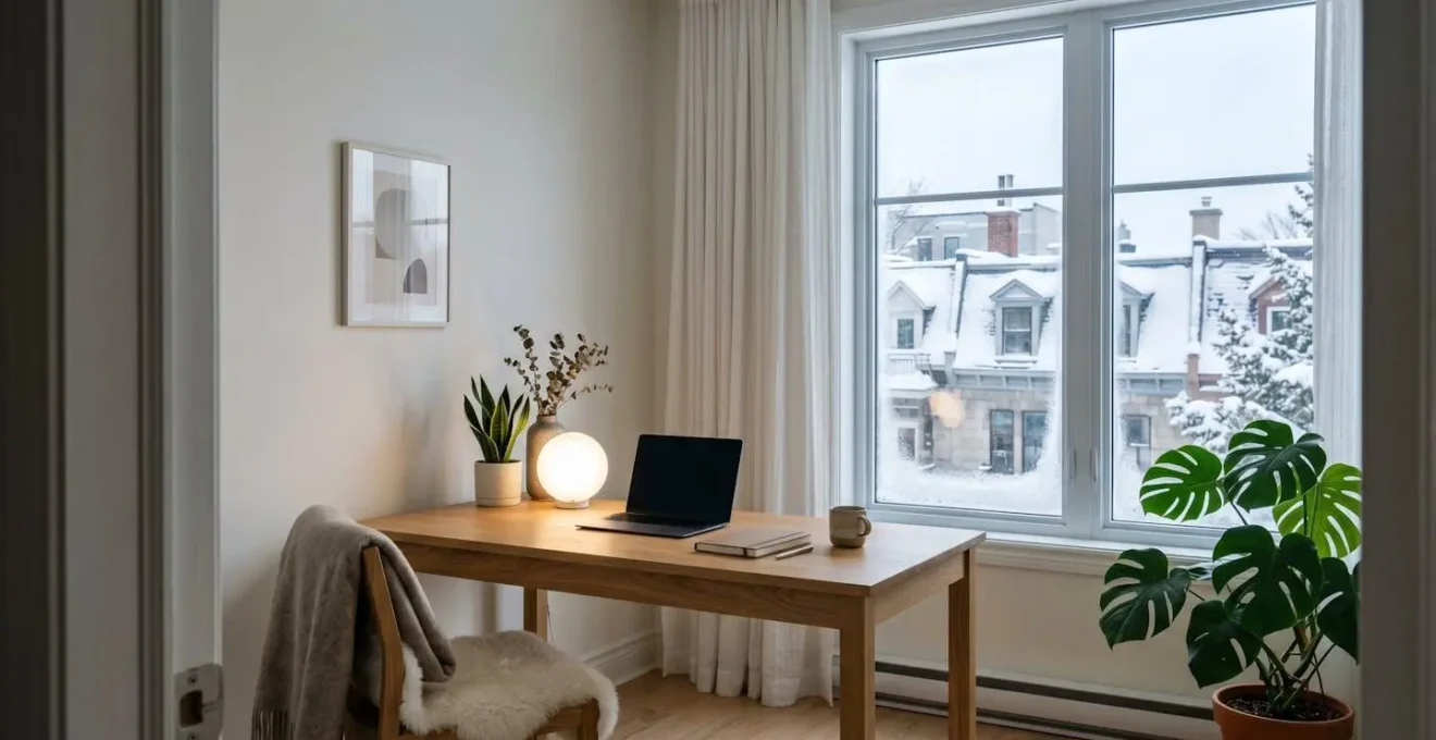 Home office setup with full-spectrum lamp during Montreal winter