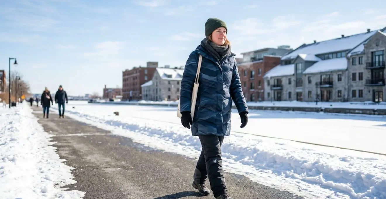 Person walking on snowy path along Lachine Canal in Montreal during bright winter noon