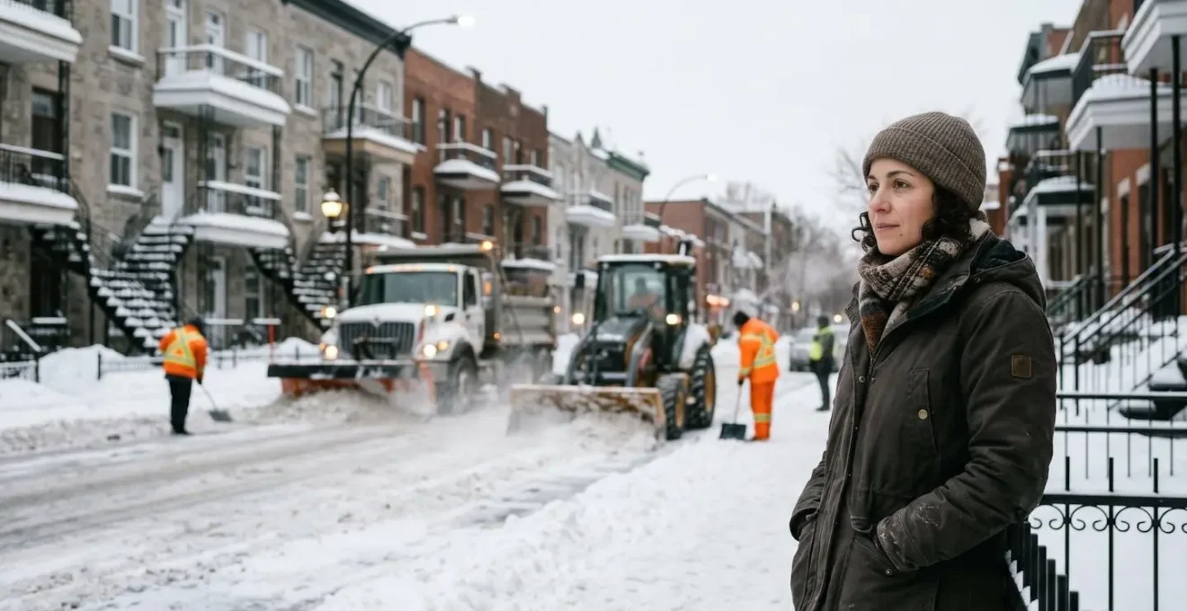 Montreal street scene showing contrast between cleared main roads and untouched side streets in winter