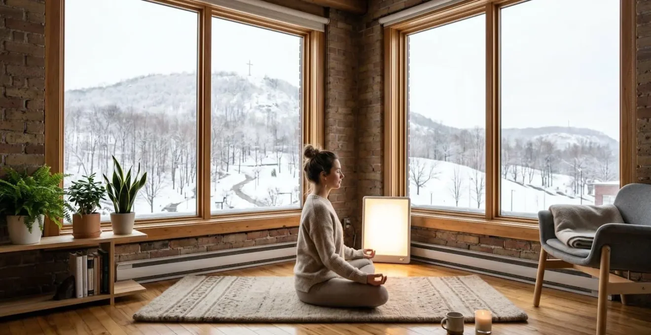 Cancer patient practicing light therapy during a Quebec winter for stress hormone regulation