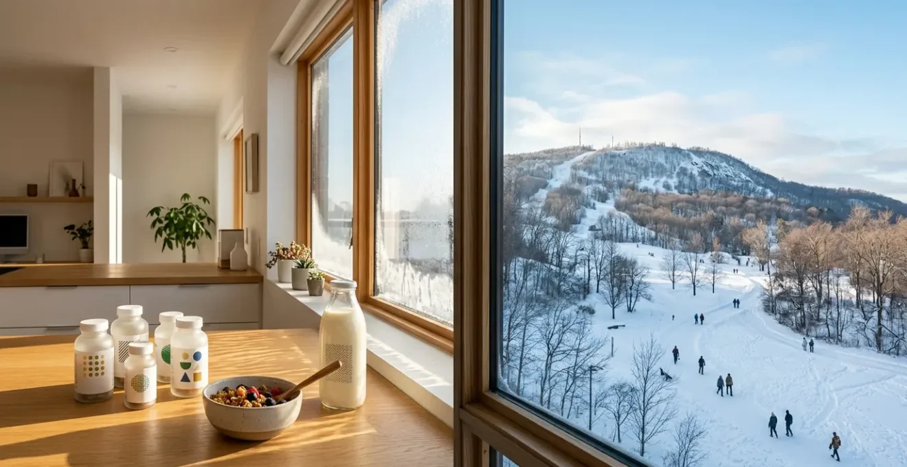 Split scene showing Montreal winter life with indoor and outdoor vitamin D sources