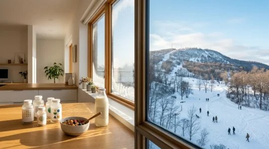 Split scene showing Montreal winter life with indoor and outdoor vitamin D sources