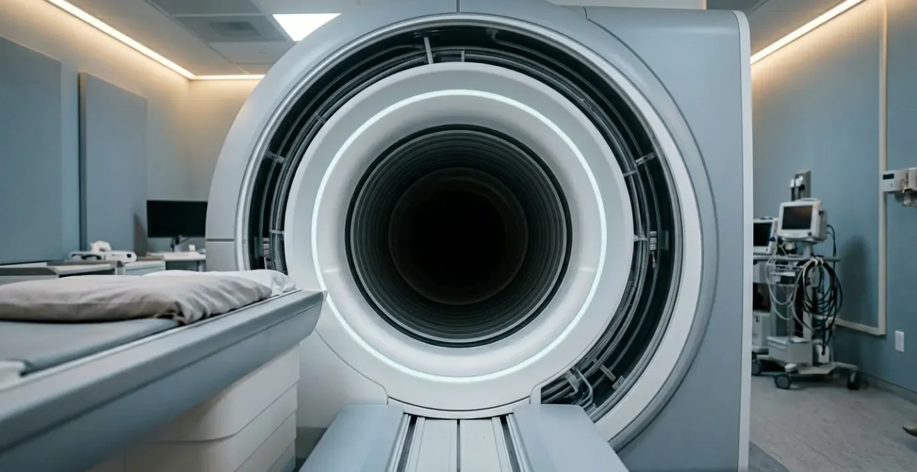 Wide-angle view of MRI scanning room from patient perspective showing modern medical equipment and calming environment