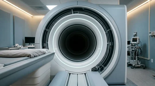 Wide-angle view of MRI scanning room from patient perspective showing modern medical equipment and calming environment