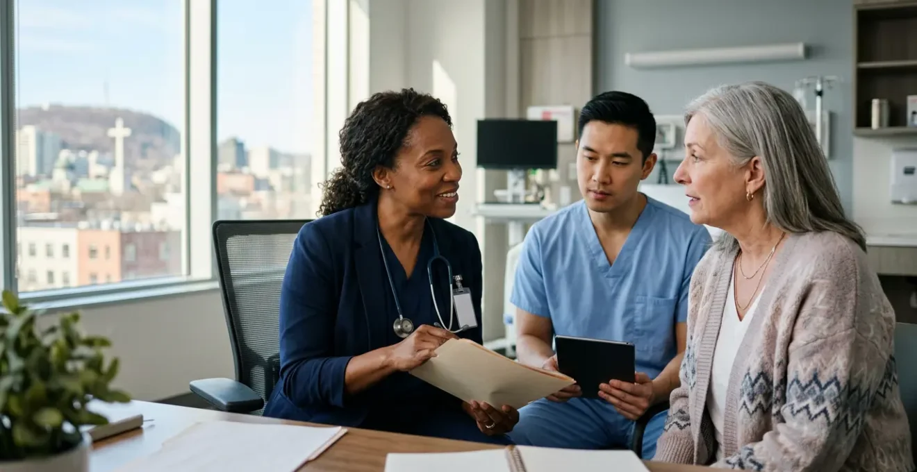 Medical professionals in discussion at a Montreal hospital setting with patient care charts