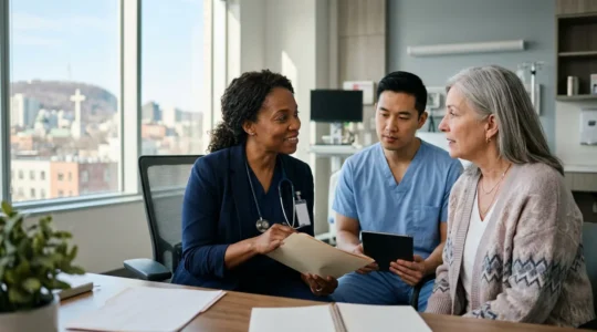 Medical professionals in discussion at a Montreal hospital setting with patient care charts