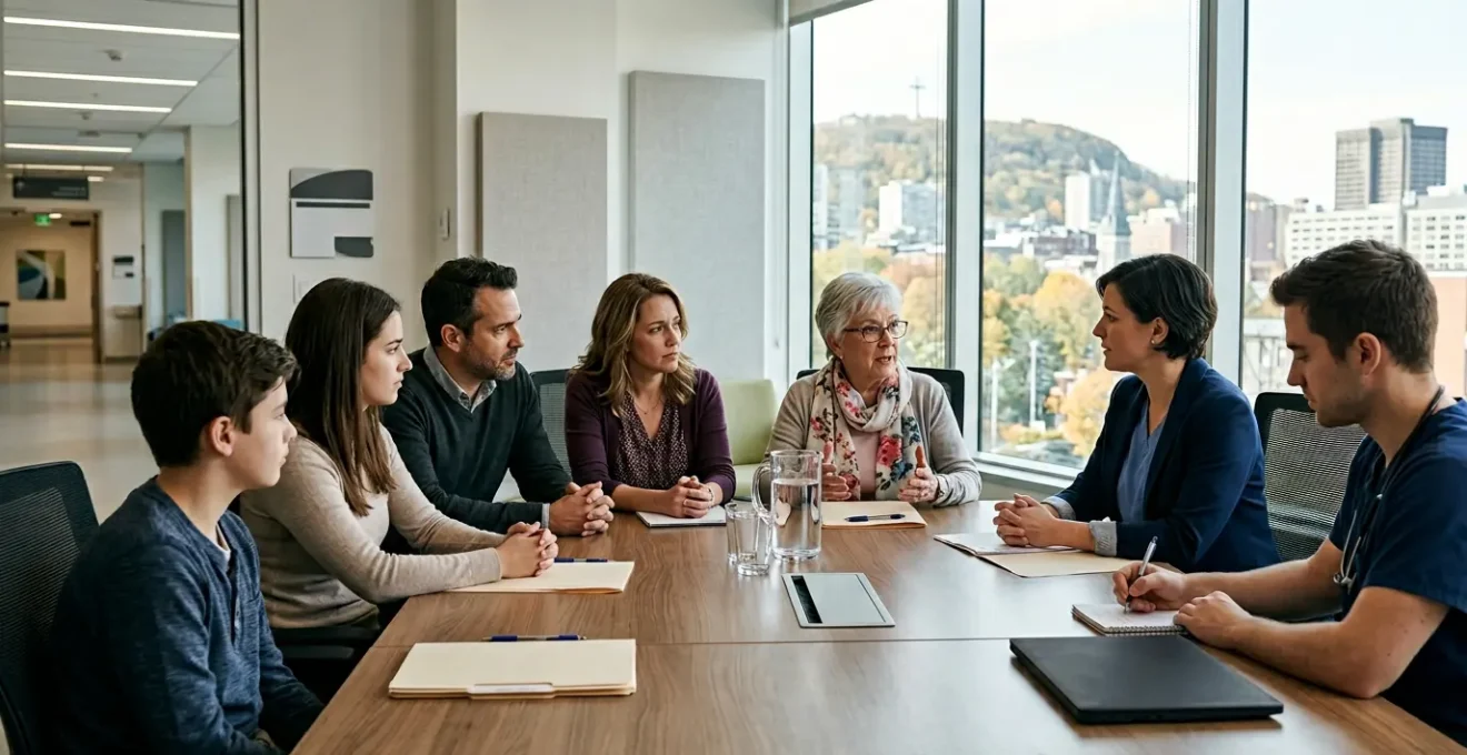 Healthcare professionals and family members in discussion around hospital table in Montreal setting