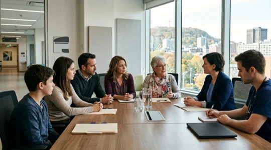 Healthcare professionals and family members in discussion around hospital table in Montreal setting