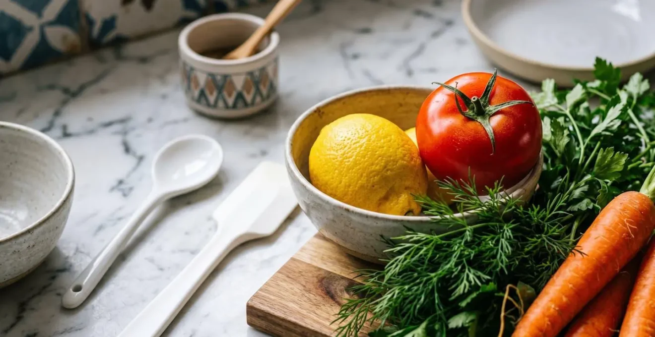 Kitchen counter with colorful fresh ingredients and plastic utensils arranged for easy meal preparation