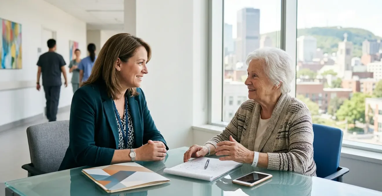 Healthcare advocate meeting with patient in modern Montreal hospital setting