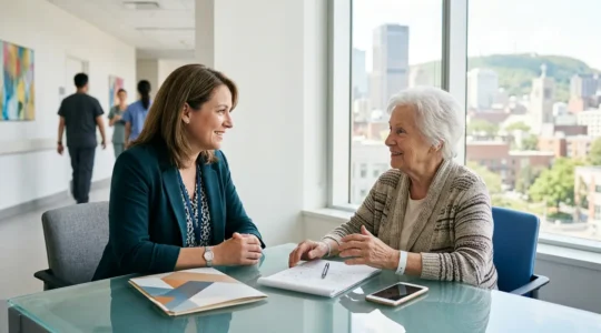 Healthcare advocate meeting with patient in modern Montreal hospital setting