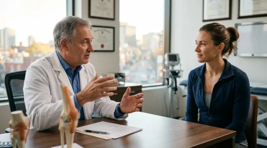 Orthopedic surgeon consulting with patient about ACL reconstruction surgery in Montreal