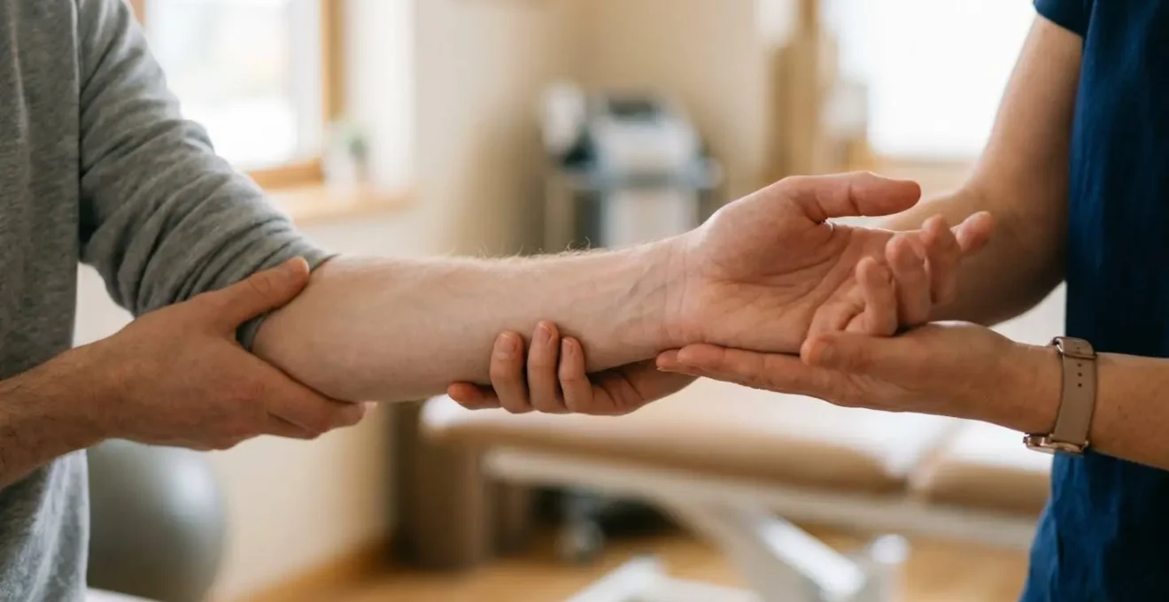 Close-up of hands gently guiding therapeutic movement to overcome fear