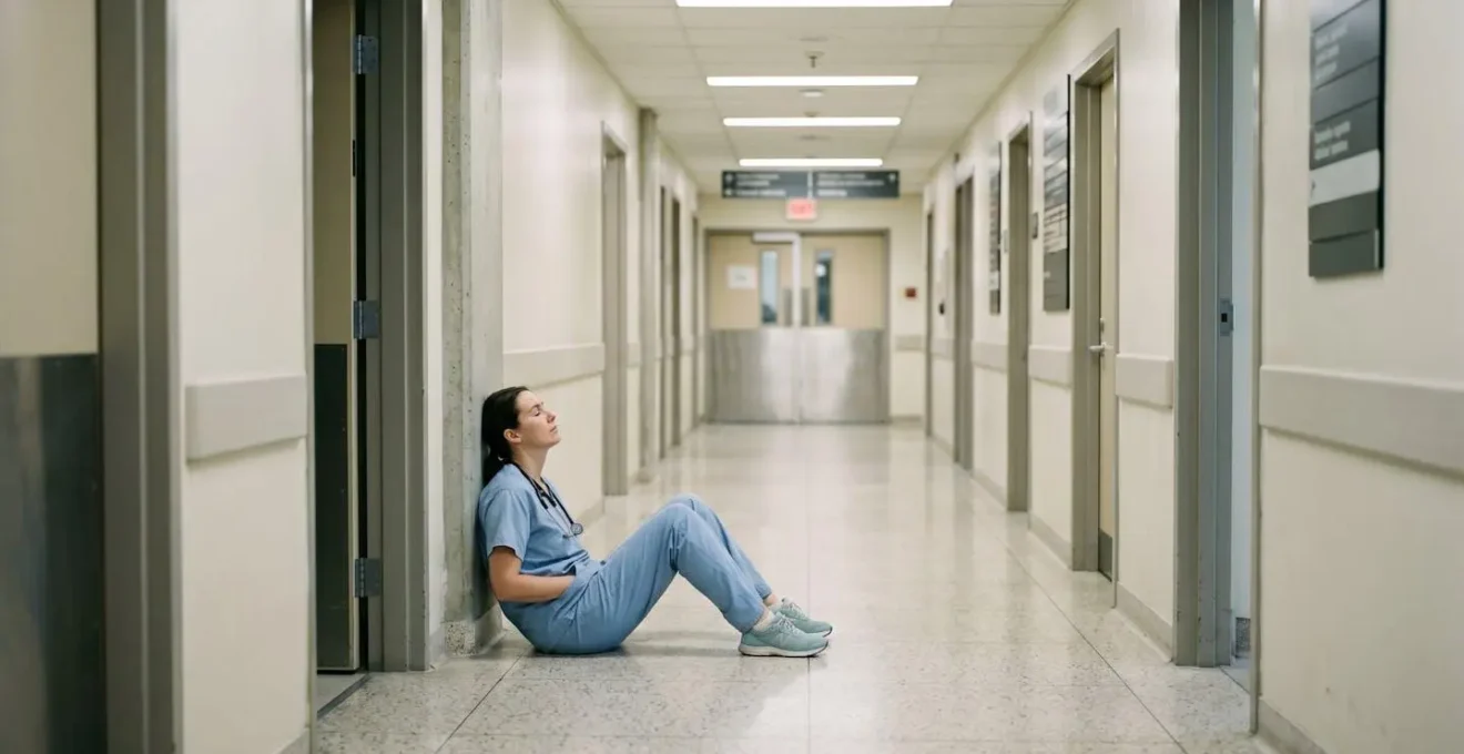 Healthcare worker leaning against a wall in an empty Montreal hospital corridor, showing exhaustion
