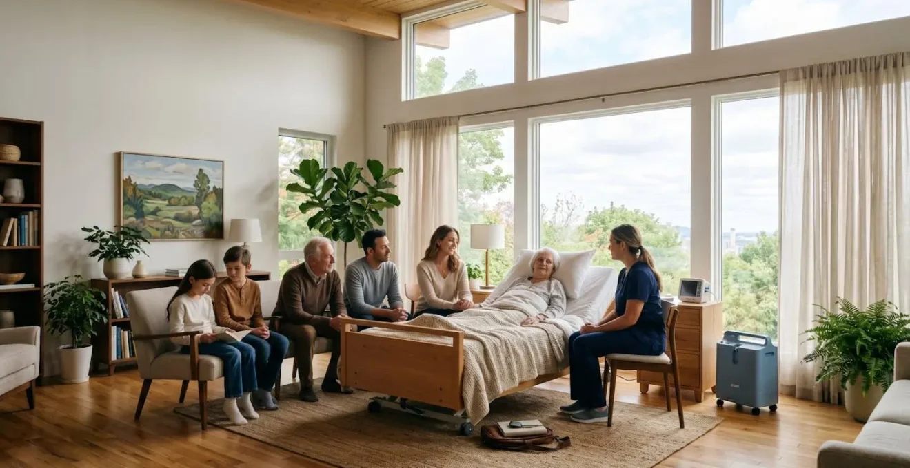 Family gathered around patient in peaceful home setting with healthcare professional providing supportive presence