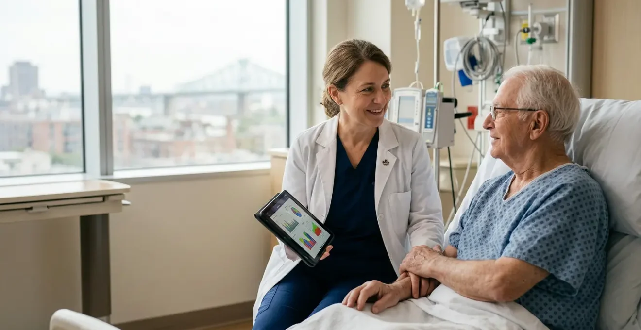 Healthcare professional and patient in consultation discussing treatment plans in warm sunlit Montreal hospital setting