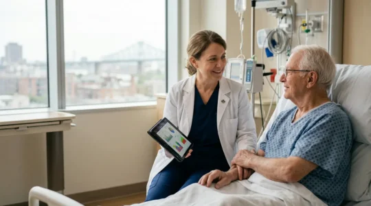 Healthcare professional and patient in consultation discussing treatment plans in warm sunlit Montreal hospital setting