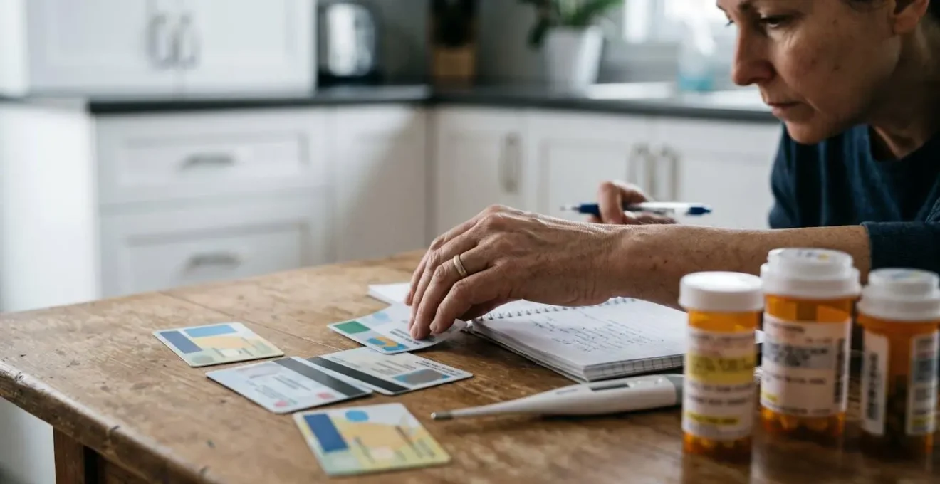 Parent with organized health documents preparing for medical phone consultation