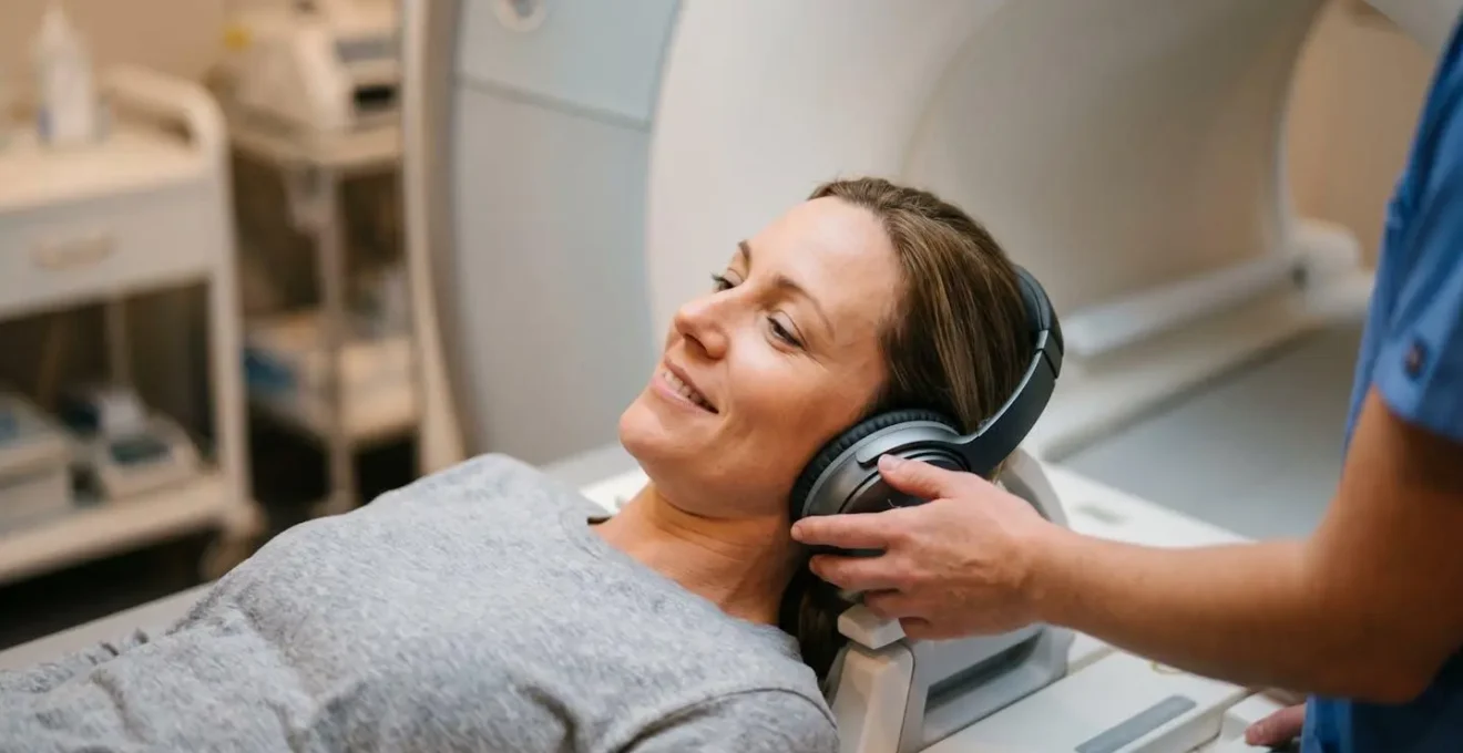 Reassuring view of spacious wide-bore MRI scanner interior with soft lighting
