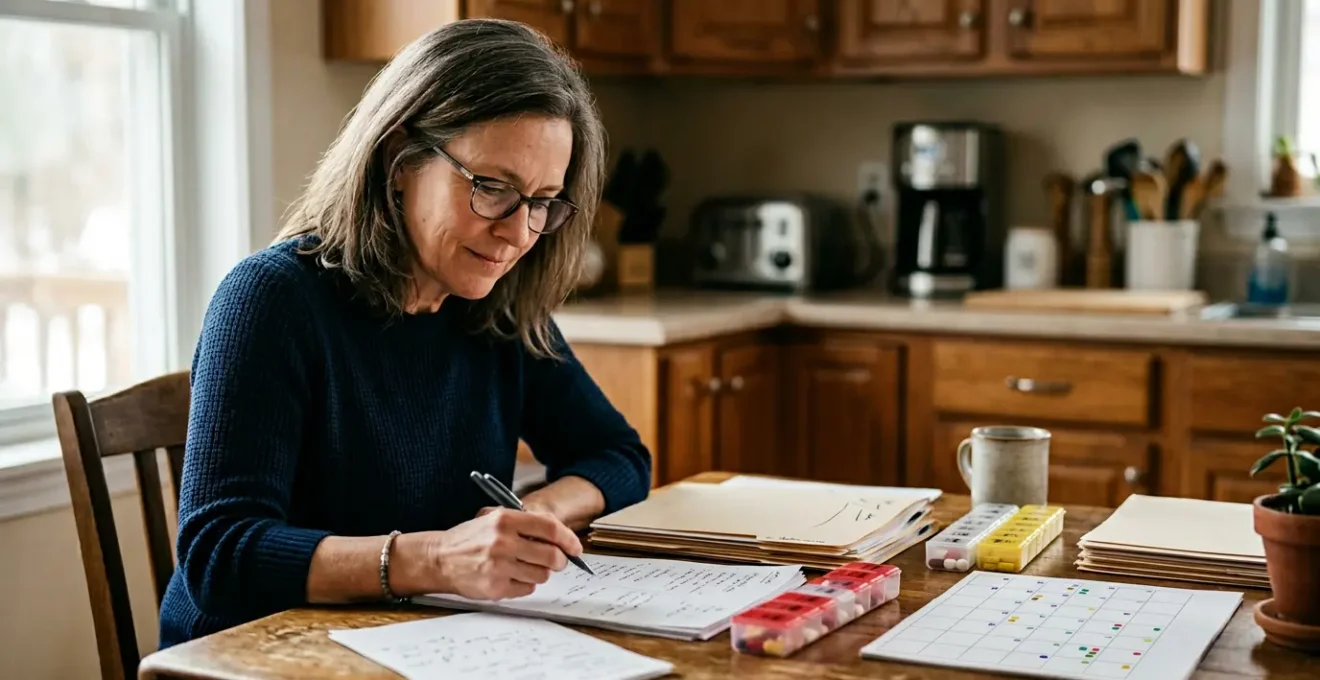 A person organizing medical documents and medications at home with calendar, demonstrating self-management of multiple chronic conditions
