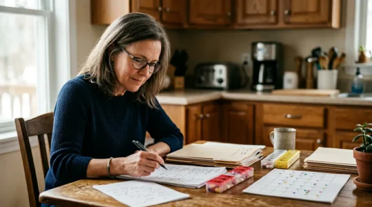 A person organizing medical documents and medications at home with calendar, demonstrating self-management of multiple chronic conditions