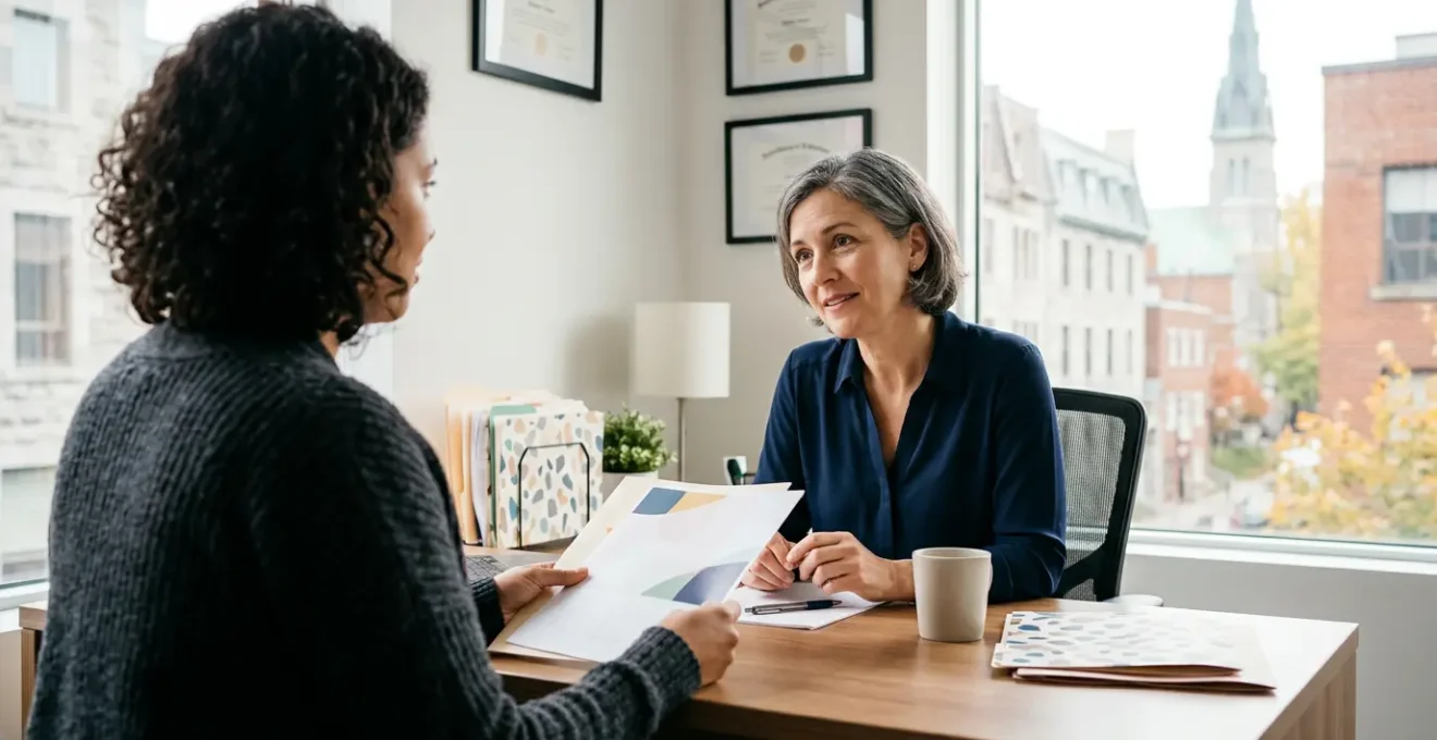 Medical professional and patient reviewing documents in Montreal clinic setting