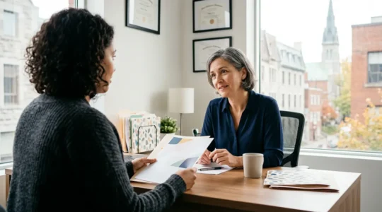 Medical professional and patient reviewing documents in Montreal clinic setting