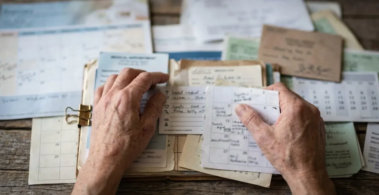 Person organizing medical documents and calendar on table