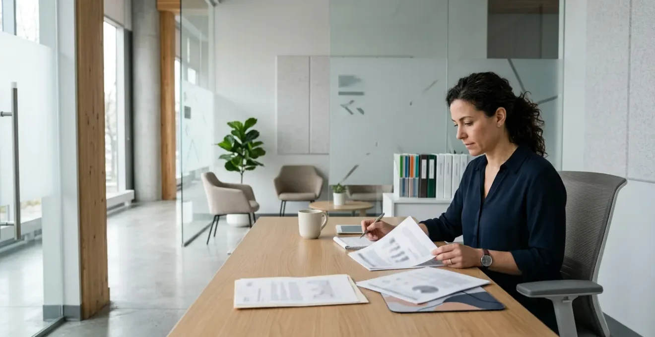 Professional in healthcare environment reviewing documentation in Montreal medical office