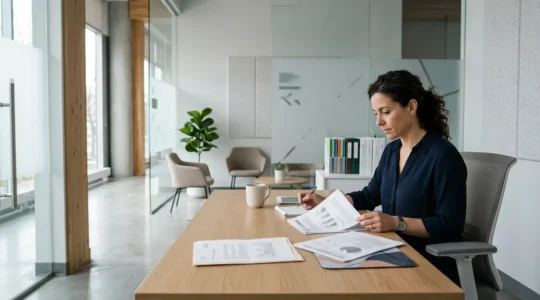 Professional in healthcare environment reviewing documentation in Montreal medical office