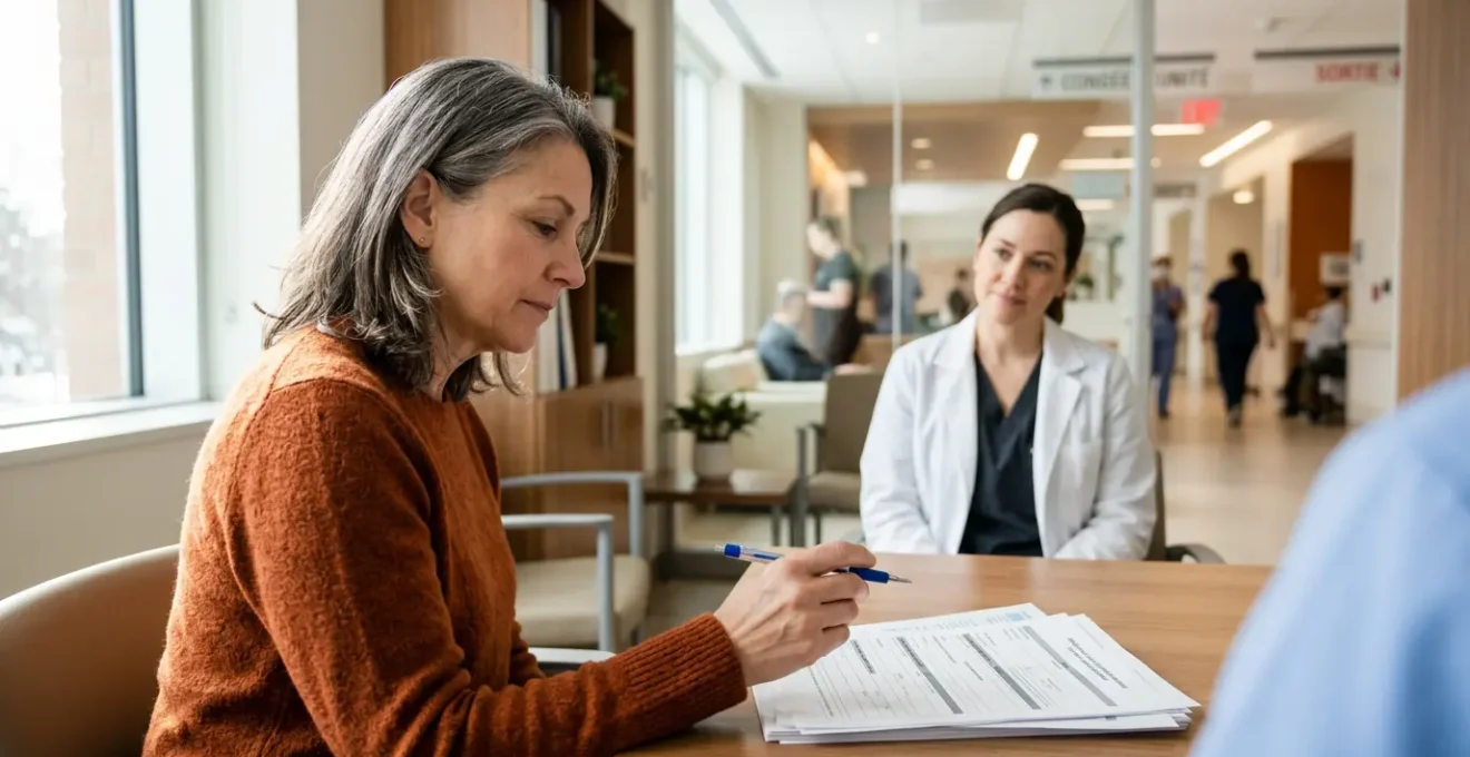 Patient thoughtfully reviewing a surgical consent form in a medical consultation room