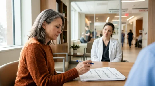Patient thoughtfully reviewing a surgical consent form in a medical consultation room