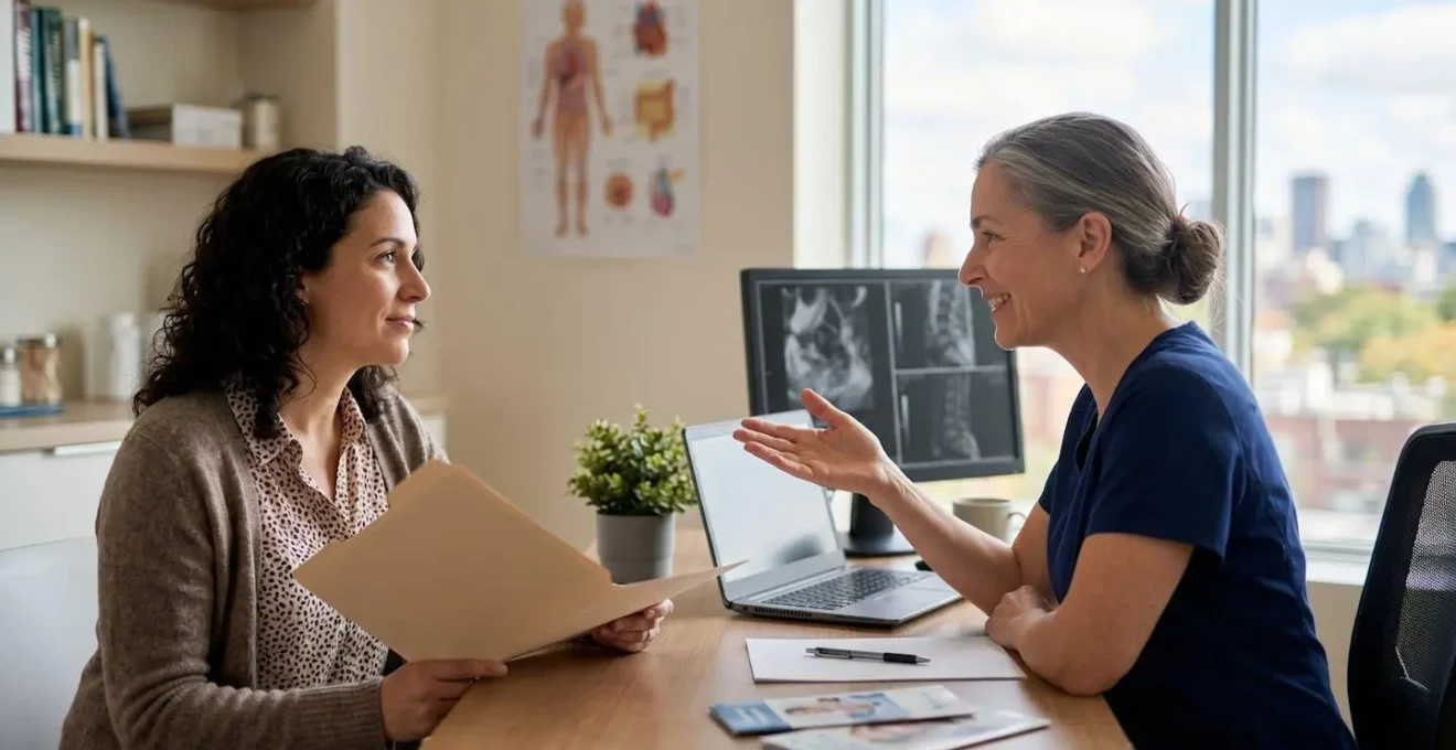 Patient discussing with specialist in Montreal medical office with report documents