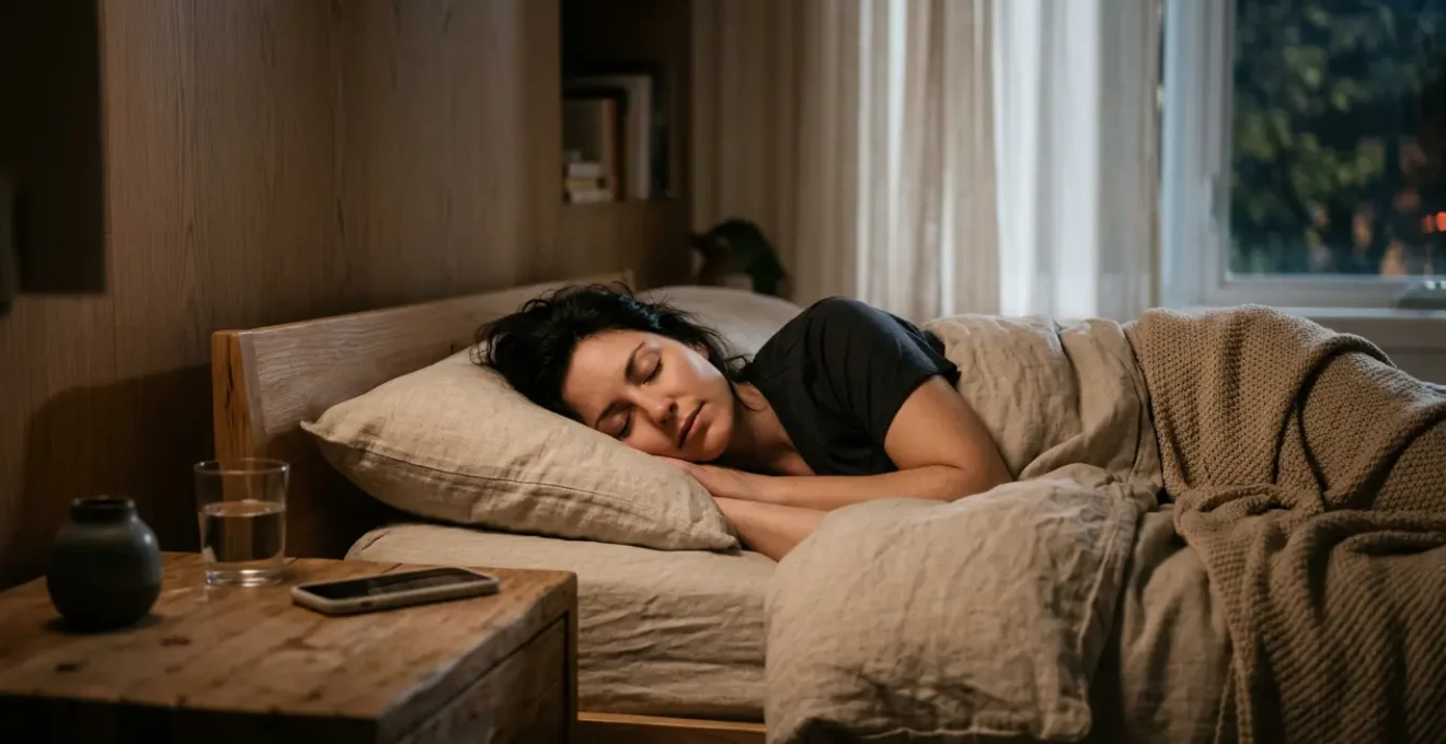 Person sleeping peacefully at night with subtle ambient lighting suggesting continuous health monitoring protection