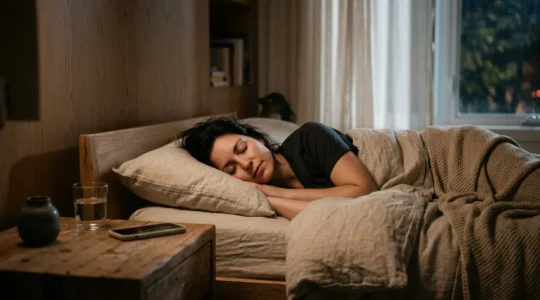 Person sleeping peacefully at night with subtle ambient lighting suggesting continuous health monitoring protection