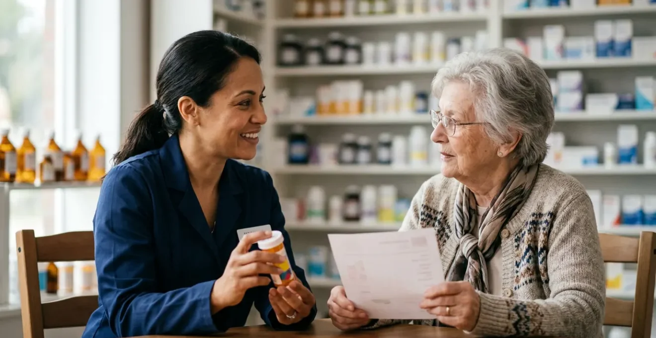 Professional pharmacist discussing medications with patient in modern pharmacy setting