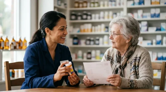 Professional pharmacist discussing medications with patient in modern pharmacy setting