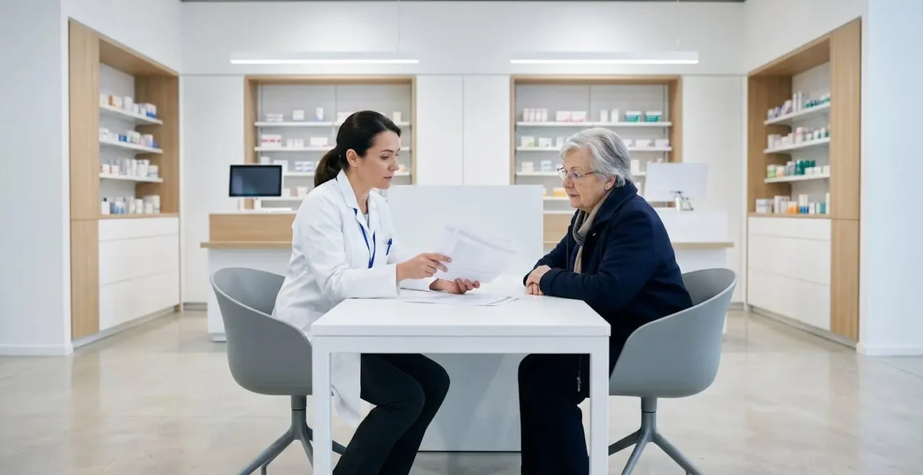 Wide view of pharmacy consultation area with pharmacist and patient reviewing documents
