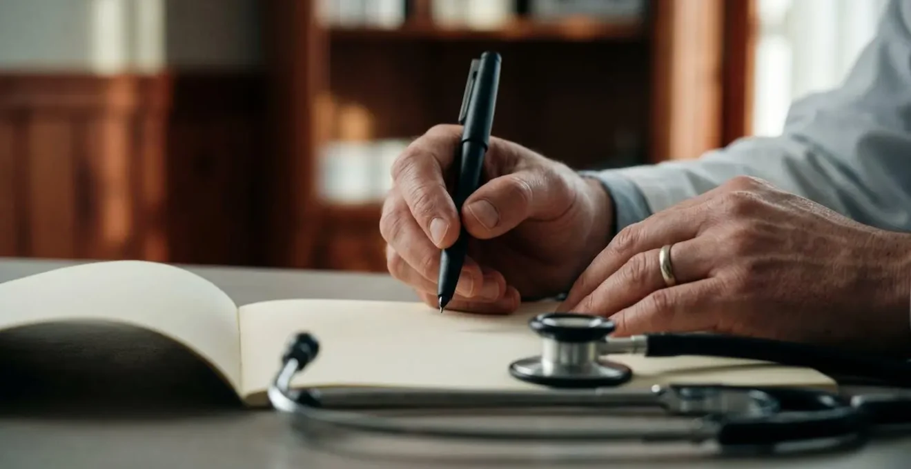 Close-up of medical professional's hands holding blank prescription pad in thoughtful pose