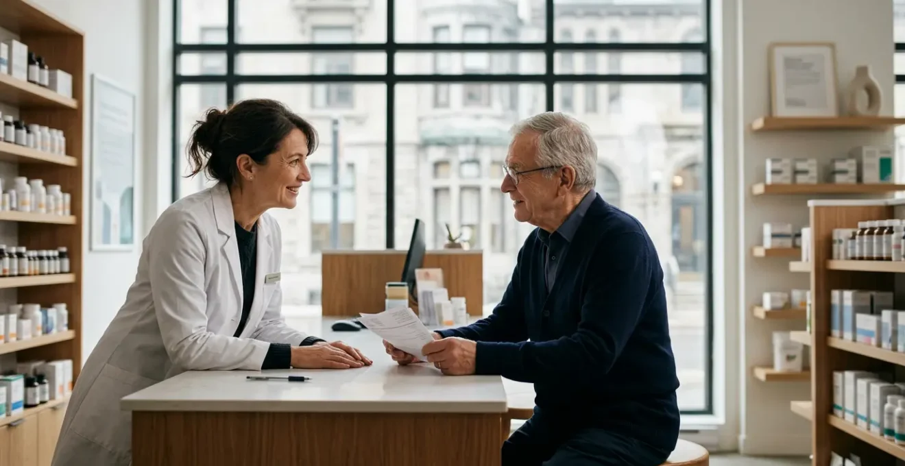 Pharmacist consulting with patient about prescription renewal in Montreal pharmacy