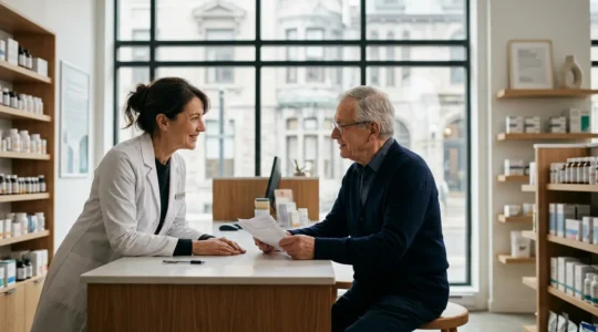 Pharmacist consulting with patient about prescription renewal in Montreal pharmacy