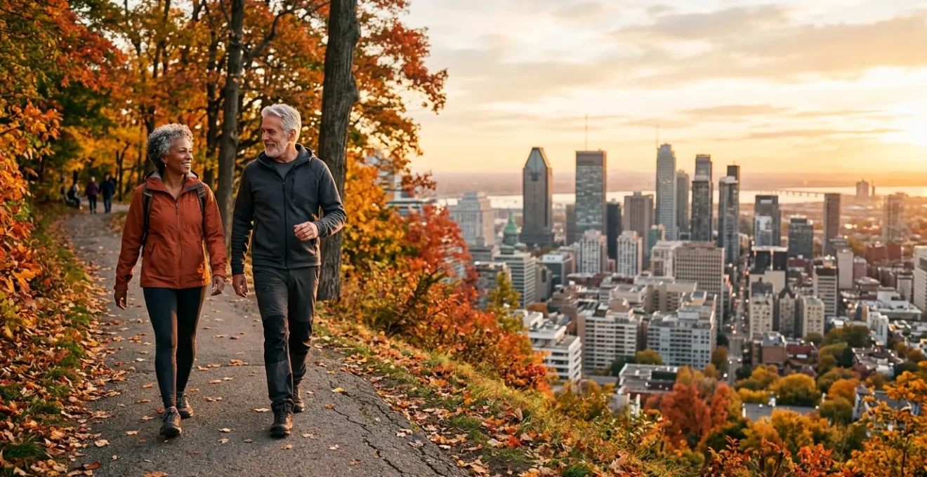 Senior couple enjoying outdoor activities in Montreal park demonstrating active aging and preventive health