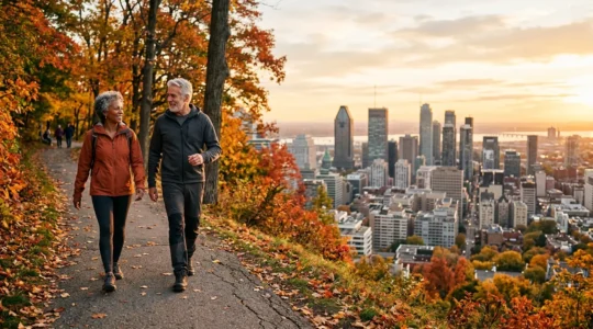 Senior couple enjoying outdoor activities in Montreal park demonstrating active aging and preventive health