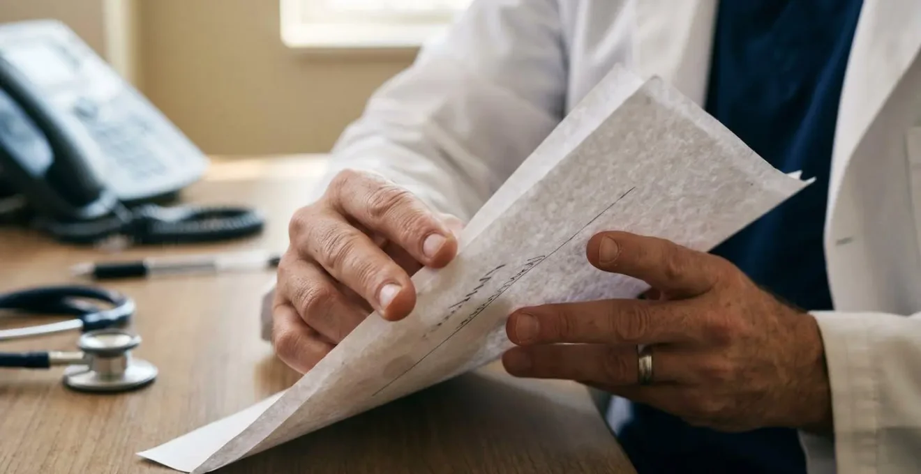 Close-up of hands reviewing medical paperwork on a clean desk with medical equipment in soft focus background